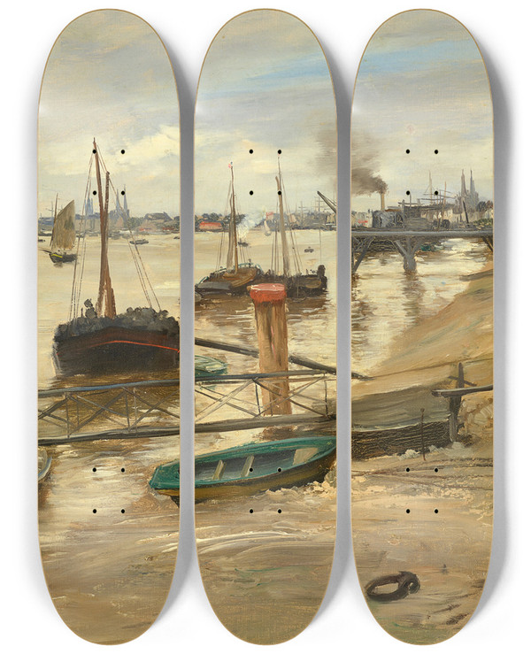 Triptych art skateboard deck of Norbert Goeneutte Le Port De Bordeaux by Norbert Goeneutte (1854-1894)