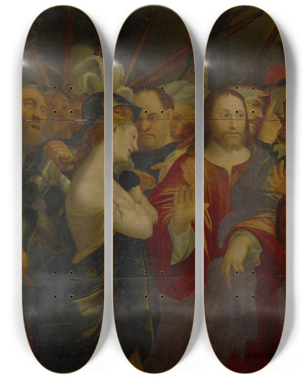Triptych art skateboard deck of Lorenzo Lotto Christ And The Adulteress by Lorenzo Lotto (1480-1556)
