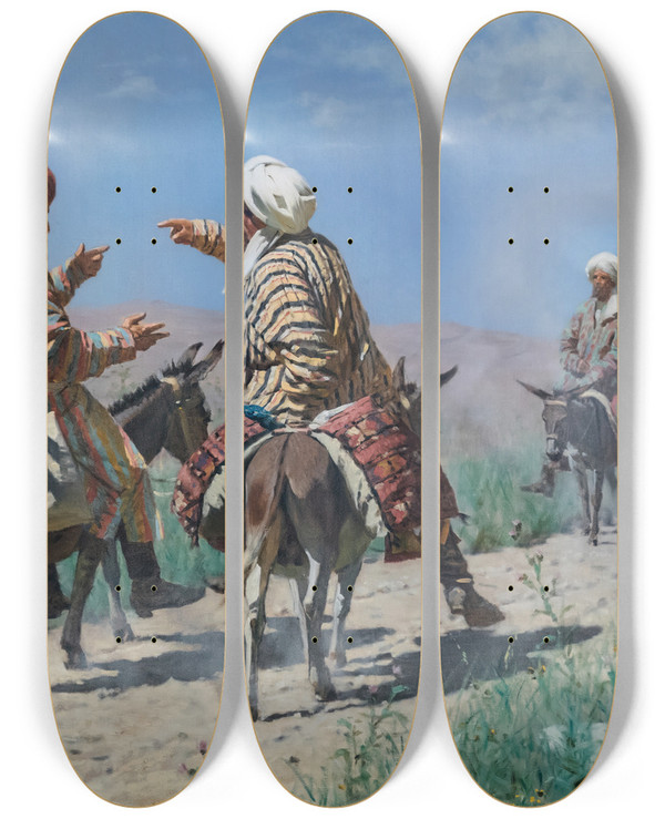 Triptych art skateboard deck of Vasily Vereshchagin Mullahs Going To Bazaar by Vasily Vereshchagin (1842-1904)