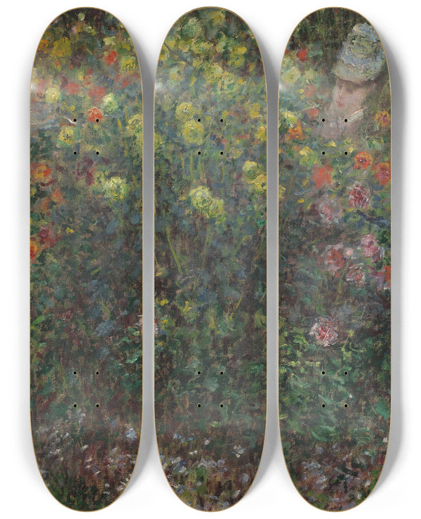 Triptych art skateboard deck of Claude Monet Ladies In Flowers by Claude Monet (1840-1926)