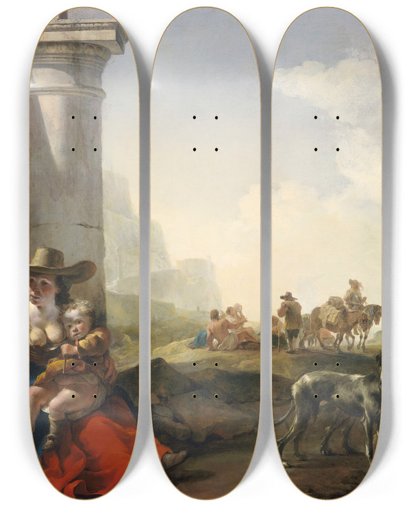 Triptych art skateboard deck of Jan Baptist Weenix Italian Peasants Among Ruins by Jan Baptist Weenix (1621-1660)