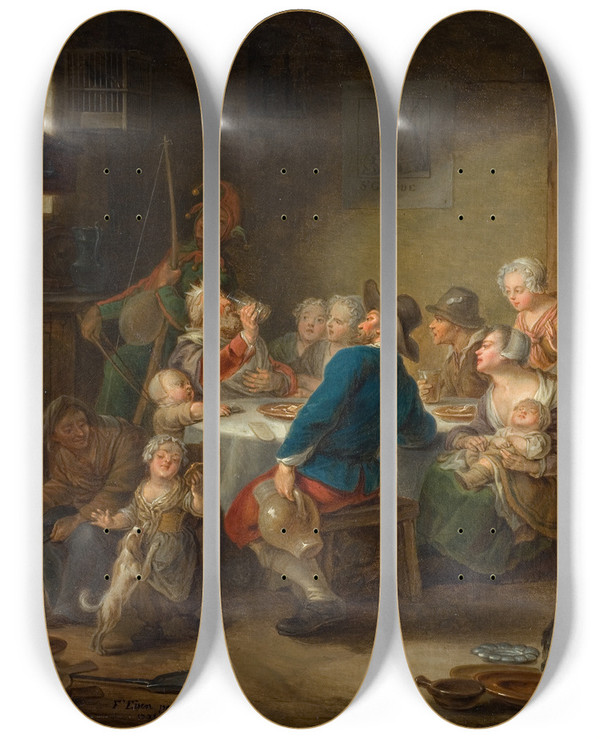 Triptych art skateboard deck of Franois Eisen The King Drinking by Francois Eisen (1695-1778)