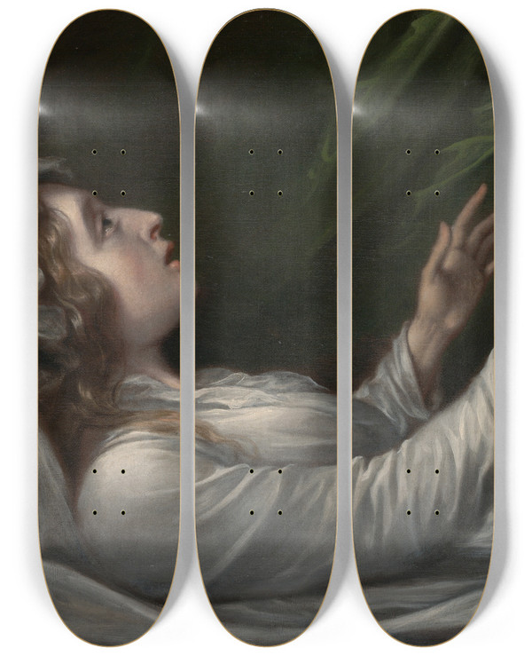 Triptych art skateboard deck of John Trumbull Sarah Trumbull Sarah Hope Harvey On Herdeathbed by John Trumbull (1756-1843)