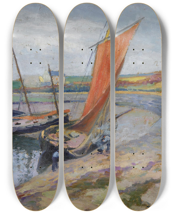 Triptych art skateboard deck of Paul Madeline Bateaux Au Bord De La Mer by Paul Madeline (1863-1920)