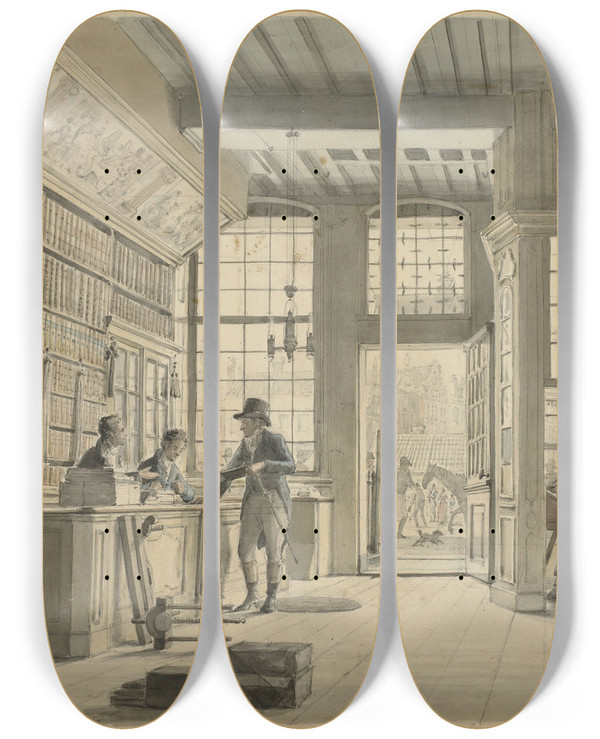 Triptych art skateboard deck of Johannes Jelgerhuis De Winkel Van De Boekhandelaar Pieter Meijer Warnars Op De Vijgendam Te Amsterdam by Johannes Jelgerhuis (1770-1836)