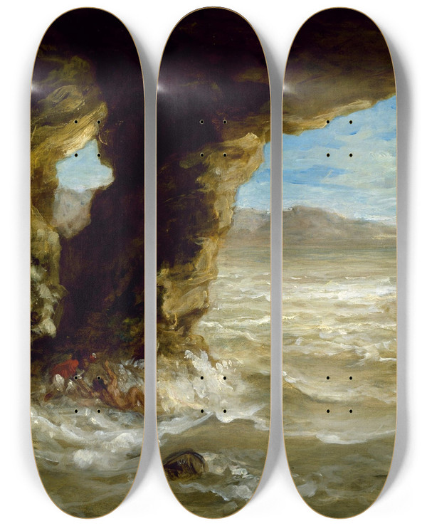 Triptych art skateboard deck of Eugne Delacroix Shipwreck On The Coast by Eugene Delacroix (1798-1863)