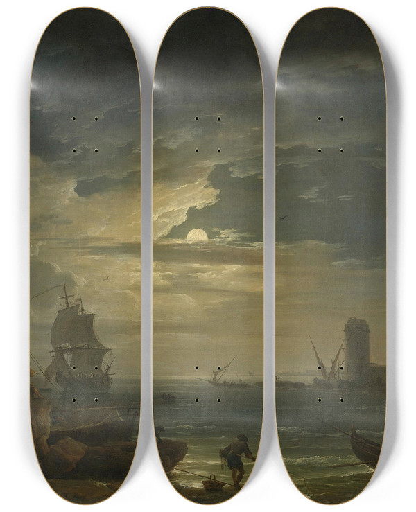 Triptych art skateboard deck of Claudejoseph Vernet A Mediterranean Inlet By Moonlight by Claude Joseph Vernet (1714-1789)