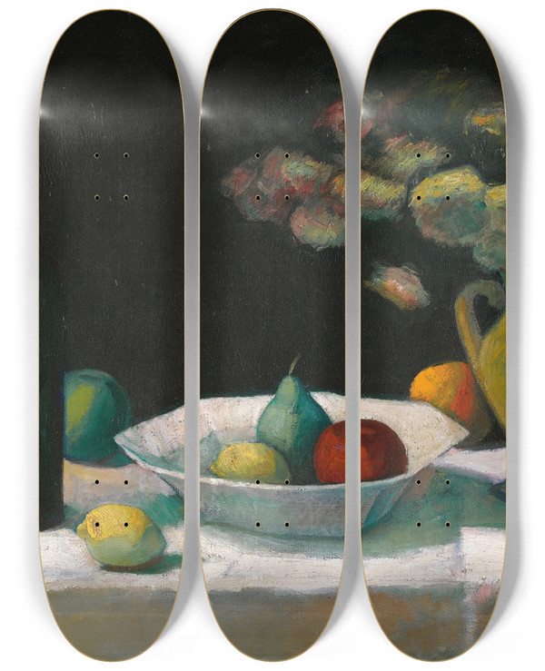 Triptych art skateboard deck of Dezs Czigny Still Life With Bottle And Fruit by Dezso Czigany (1883-1937)