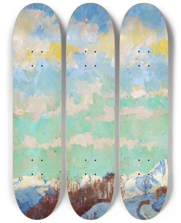 Triptych art skateboard deck of Giovanni Giacometti View From Stampa Towards Italy by Giovanni Giacometti (1868-1933)