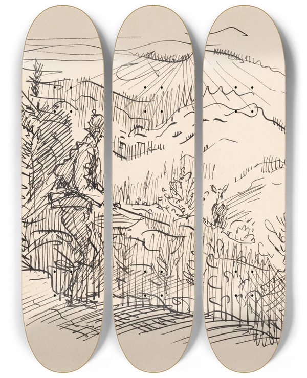 Triptych art skateboard deck of Arnold Peter Weiszkubnan Lying In Wait Ii by Arnold Peter Weisz-Kubnan (1898-1944)