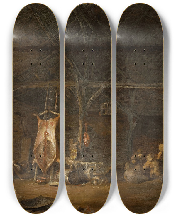 Triptych art skateboard deck of Egbert Van Der Poel Slaughterhouse Interior by Egbert van der Poel (1621-1664)