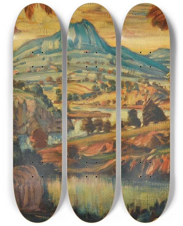 Triptych art skateboard deck of Konstantin Fedorovich Bogaevsky Fantasy Landscape by Konstantin Fedorovich Bogaevsky (1872-1943)