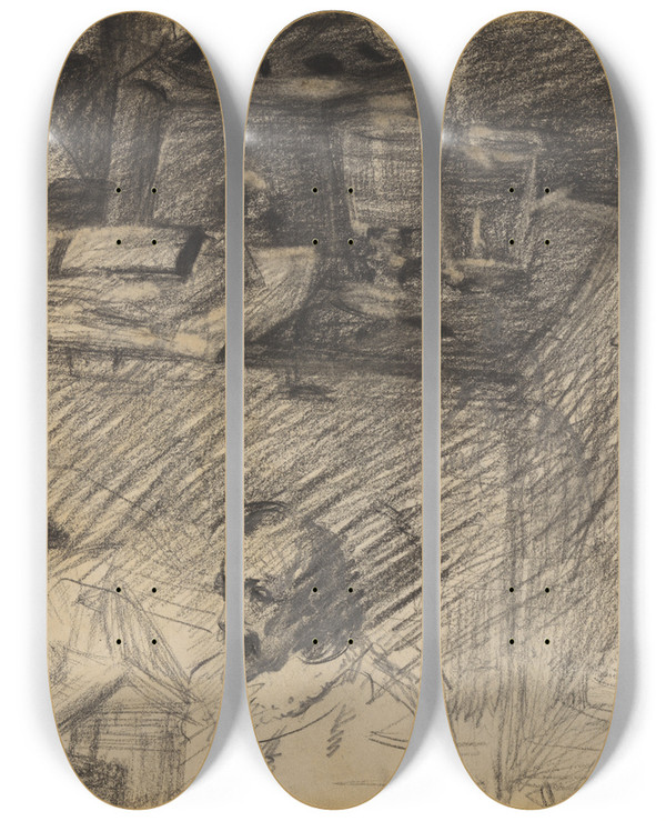Triptych art skateboard deck of James Ensor Hoek In Het Atelier Met Kachelvoet Kist En Figuren by James Ensor (1860-1949)