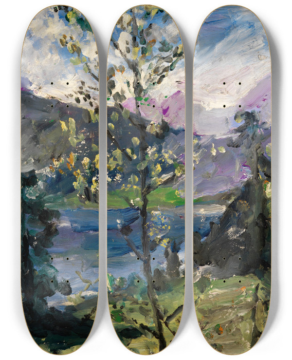 Triptych art skateboard deck of Lovis Corinth Landschaft Am Walchensee by Lovis Corinth (1858-1925)
