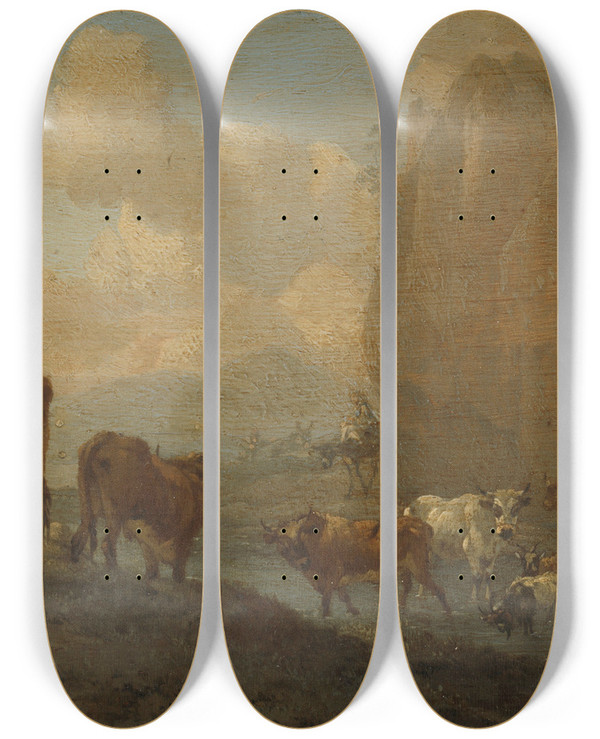 Triptych art skateboard deck of Willem Romeyn Livestock By A River by Willem Romeyn (1624-1694)