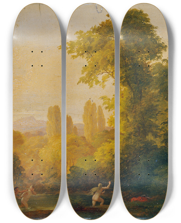 Triptych art skateboard deck of Franz Schrotzberg Landschaft Mit Mythologischer Staffage by Franz Schrotzberg (1811-1889)