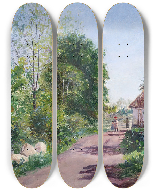 Triptych art skateboard deck of Carl Carlsen Piger P En Vej by Carl Carlsen (1855-1917)