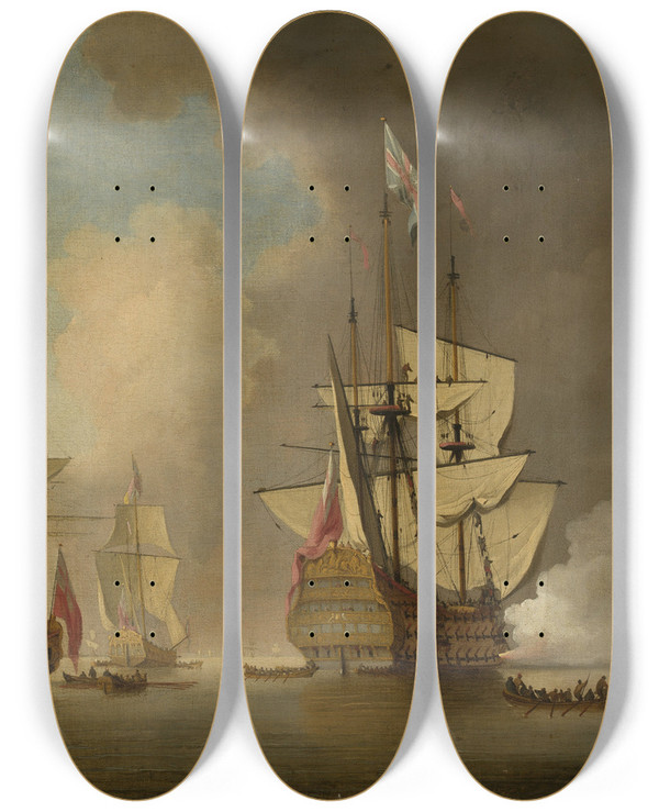 Triptych art skateboard deck of Peter Monamy Ships On The Sea by Peter Monamy (1681-1749)