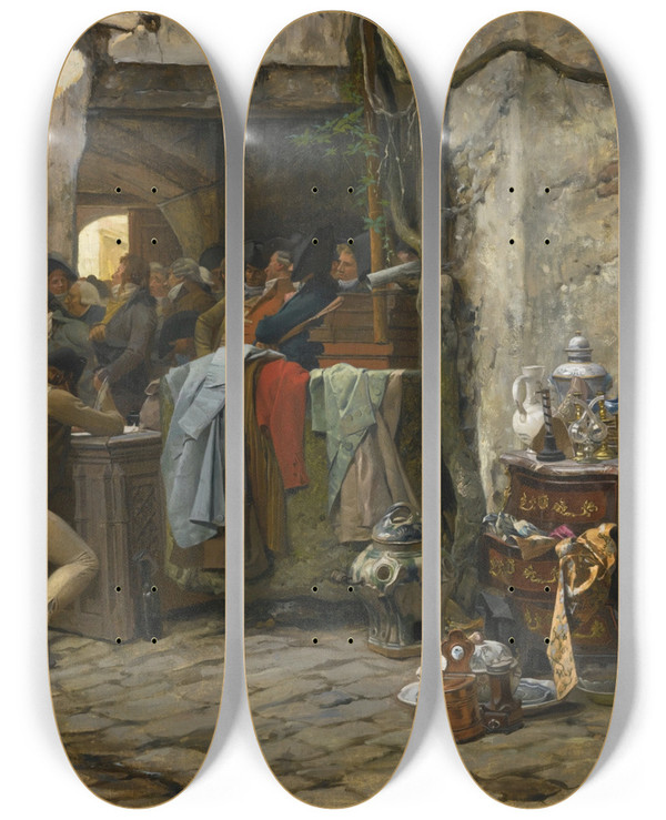 Triptych art skateboard deck of Jehan Georges Vibert La Vente Mobilire by Jehan Georges Vibert (1840-1902)