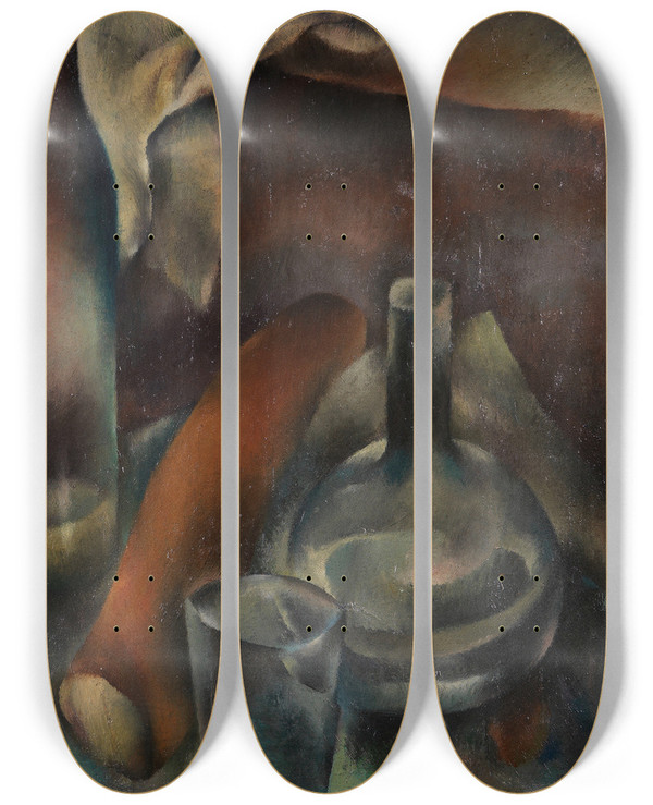 Triptych art skateboard deck of Hanns Bolz Stillleben Mit Flaschen Und Baguettes by Hanns Bolz (1885-1918)