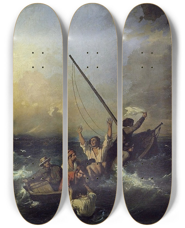 Triptych art skateboard deck of Eugne Isabey Shipwreck_2 by Eugene Isabey (1803-1886)