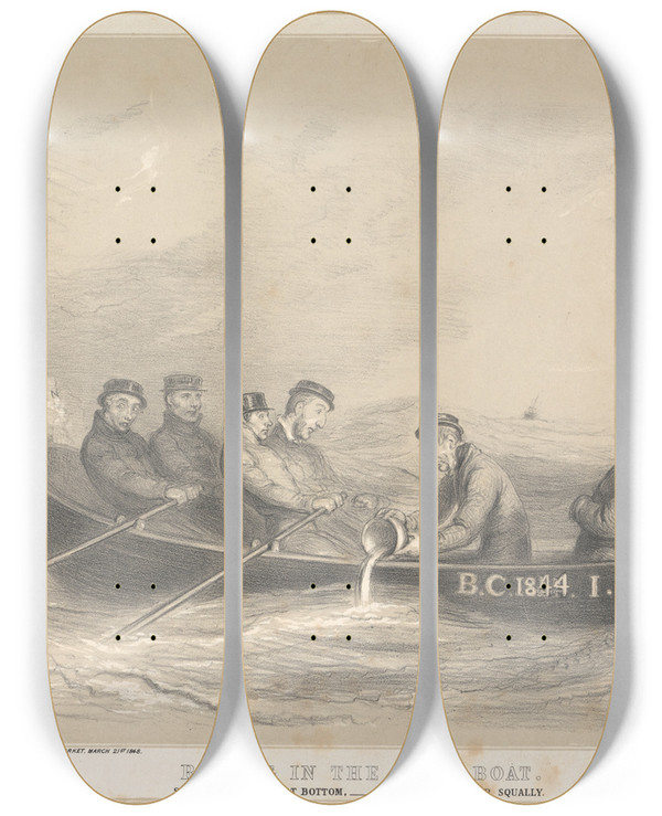 Triptych art skateboard deck of John Doyle Rowing In The Same Boat Something Wrong At The Bottom Weather Rather Squally by John Doyle (1939)