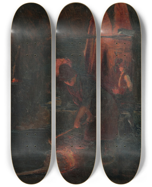 Triptych art skateboard deck of Dominik Skuteck Scene From The Smithy by Dominik Skutecky (1849-1921)