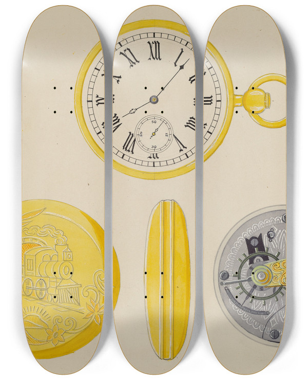 Triptych art skateboard deck of Harry G Aberdeen Watch Case by Harry G Aberdeen