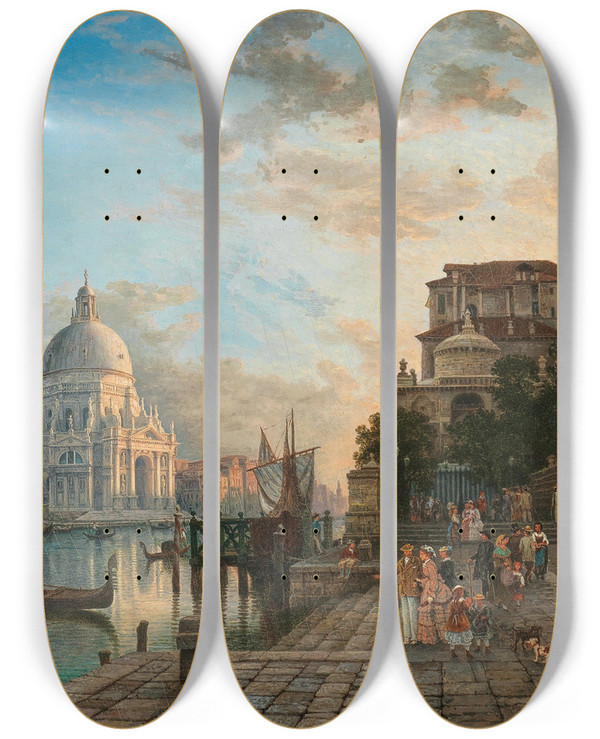 Triptych art skateboard deck of Heinrich Jaeckel Venice Caf Giardina With Santa Maria Della Salute by Heinrich Jaeckel (1842-1867)