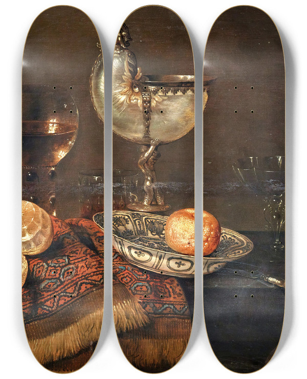 Triptych art skateboard deck of Willem Claesz Heda A Clementine In A Porcelain Bowl A Nautilus Cup A Roemer Two Glasses A Knife A Peeled Lemon On An Ornamental Carpet On A Table by Willem Claesz Heda (1594-1680)