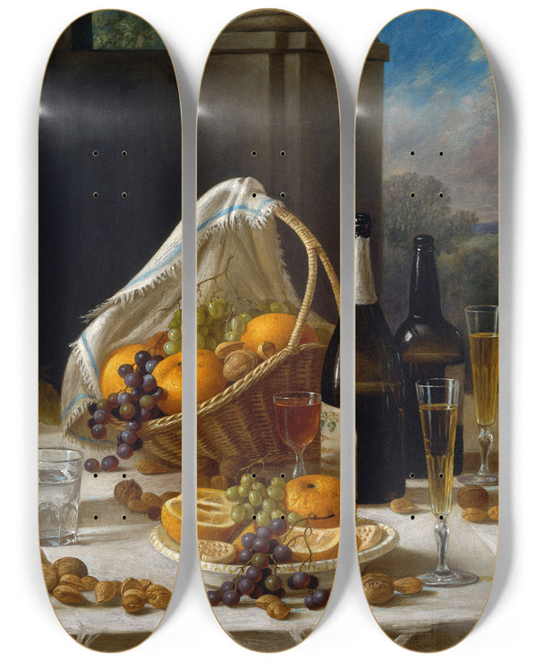 Triptych art skateboard deck of John F Francis Luncheon Still Life by John F Francis (1808-1886)
