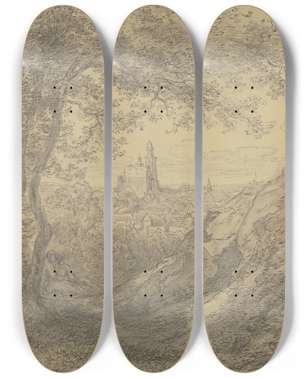 Triptych art skateboard deck of Anton Burger Ausblick Auf Kronberg Unter Den Bumen Ein Liebespaar by Anton Burger (1824-1905)