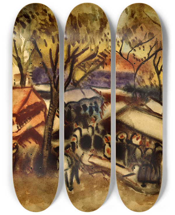 Triptych art skateboard deck of Frances Hodgkins The Fair By The Sea by Frances Hodgkins (1869-1947)