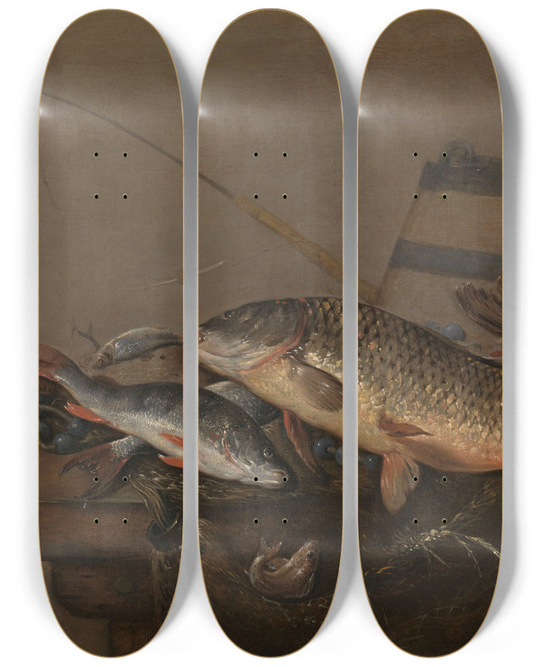 Triptych art skateboard deck of Pieter Van Noort Still Life With Fish_2 by Pieter Van Noort (1622-1672)