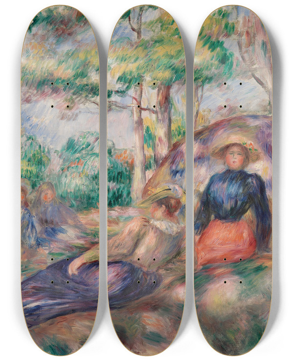 Triptych art skateboard deck of Pierreauguste Renoir Resting In The Grass Le Repos Sur Lherbe by Pierre-Auguste Renoir (1841-1919)