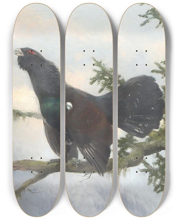 Triptych art skateboard deck of Josef Schmitzberger Auerhahn by Josef Schmitzberger (1851-1930)