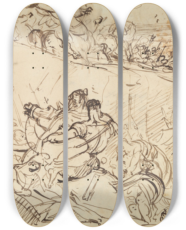 Triptych art skateboard deck of Benjamin Robert Haydon Study For A Battle Scene by Benjamin Robert Haydon (1786-1846)