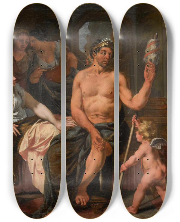 Triptych art skateboard deck of Nicolaas Verkolje Hercules And Omphale by Nicolaas Verkolje (1673-1746)