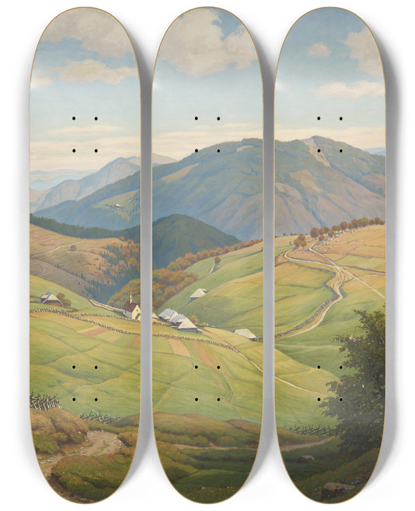 Triptych art skateboard deck of Julius Heffner Hofsgrund On Schauinsland Mountain by Julius Heffner (1877-1951)