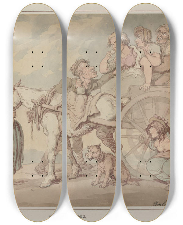 Triptych art skateboard deck of Thomas Rowlandson An Irish Picnic by Thomas Rowlandson (1756-1827)