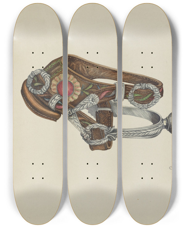 Triptych art skateboard deck of Ethel Dougan Womans Spur by Ethel Dougan