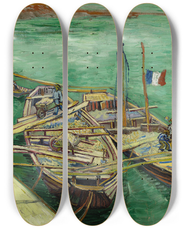Triptych art skateboard deck of Vincent Van Gogh Quay With Men Unloading Sand Barges by Vincent van Gogh (1853-1890)