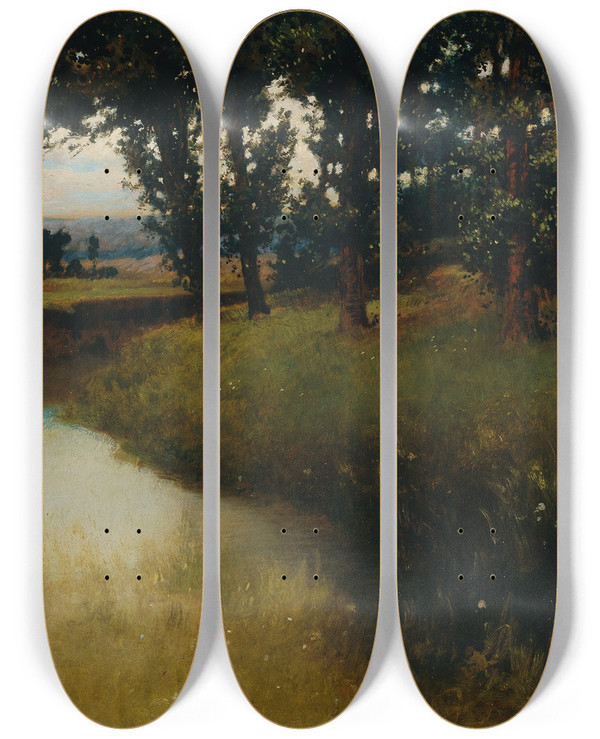 Triptych art skateboard deck of Carl Freiherr Von Pidoll Zu Quintenbach Abendlandschaft by Carl Freiherr Von Pidoll Zu Quintenbach (1847-1901)