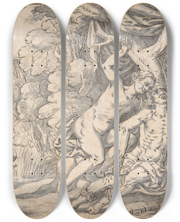 Triptych art skateboard deck of Johann Knig The Death Of Adonis by Johann Konig (1586-1642)