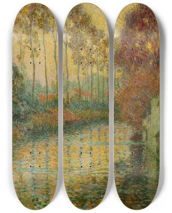 Triptych art skateboard deck of Henri Le Sidaner Canal In Autumn Gisors by Henri Le Sidaner (1862-1939)