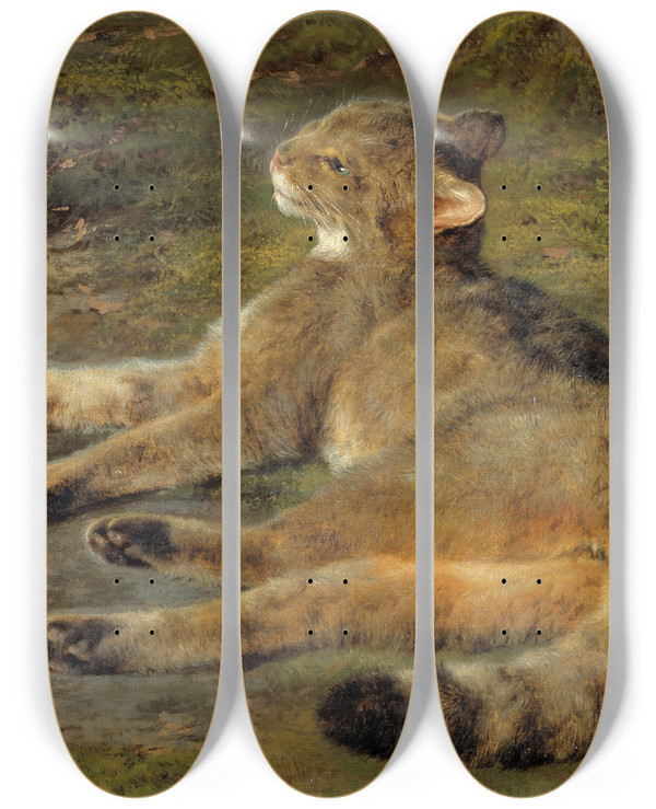 Triptych art skateboard deck of Rosa Bonheur Wild Cat by Rosa Bonheur (1822-1899)