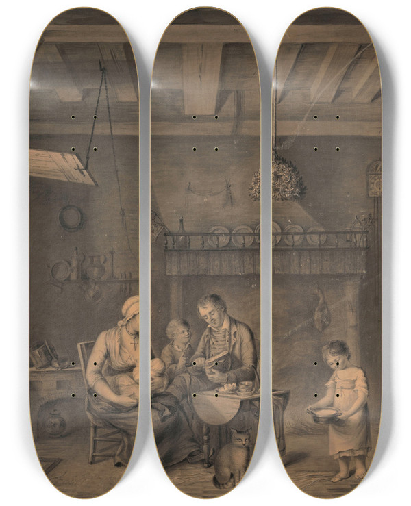 Triptych art skateboard deck of Marie Simons Breakfast At The Farm by Marie Simons
