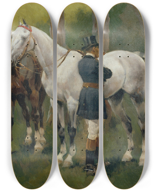 Triptych art skateboard deck of Jos Cusachs Awaiting The Return by Jose Cusachs (1850-1909)