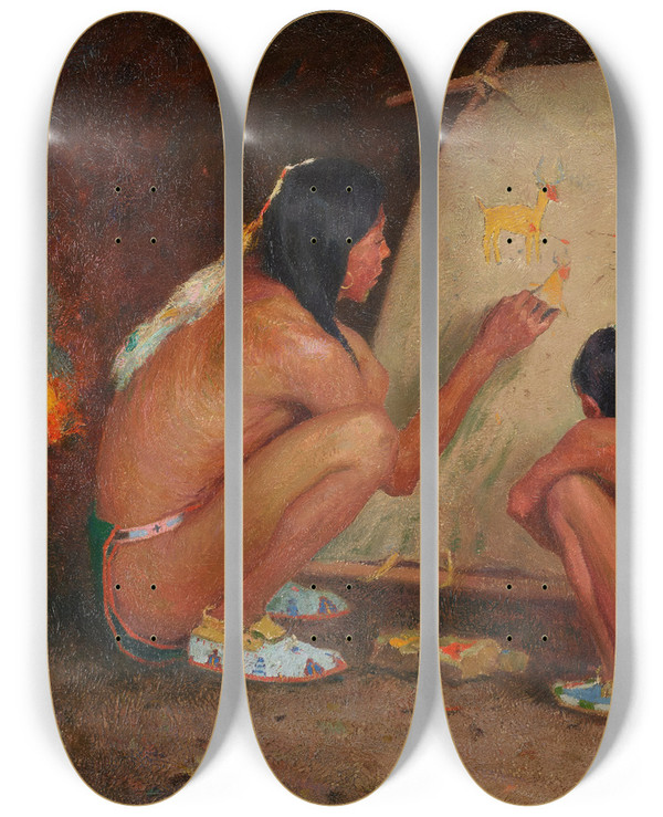 Triptych art skateboard deck of Eanger Irving Couse Indian Painter by Eanger Irving Couse (1866-1936)