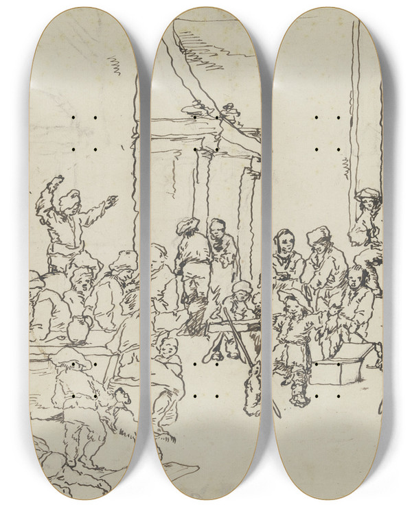 Triptych art skateboard deck of Johann Georg Trautmann Bauernunterhaltung In Einer Schenke Mit Einem Savoyardenknaben by Johann Georg Trautmann (1713-1769)
